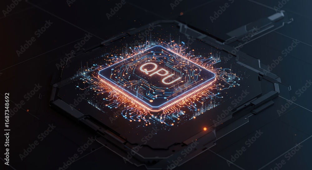 Aufkleber a futuristic quantum processing unit is showcased with glowing light trails that symbolize data flow