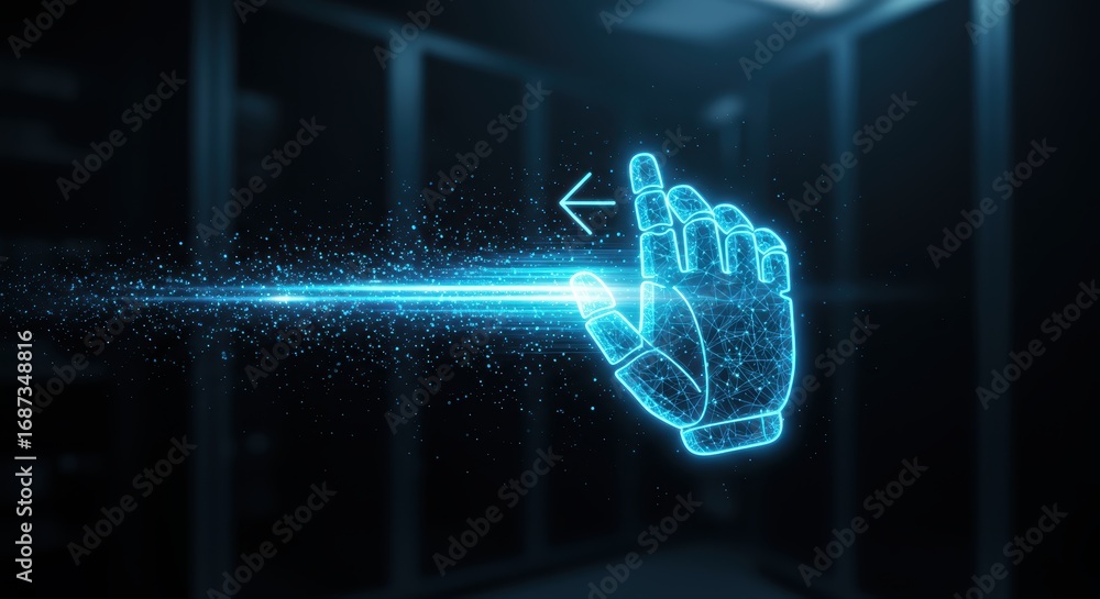 Aufkleber a glowing blue robotic hand makes a swipe left gesture with digital particles trailing behind in fro