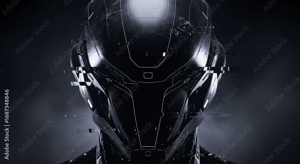 Poster futuristic robot in a dark and dramatic setting with sleek design. the robot head is the focal point