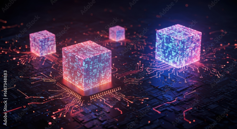 Aufkleber digital cubes glow with intricate circuit patterns, symbolizing advanced technology, data processing