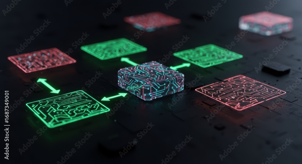 Poster abstract network connection with glowing circuit board nodes interlinked with arrows representing da