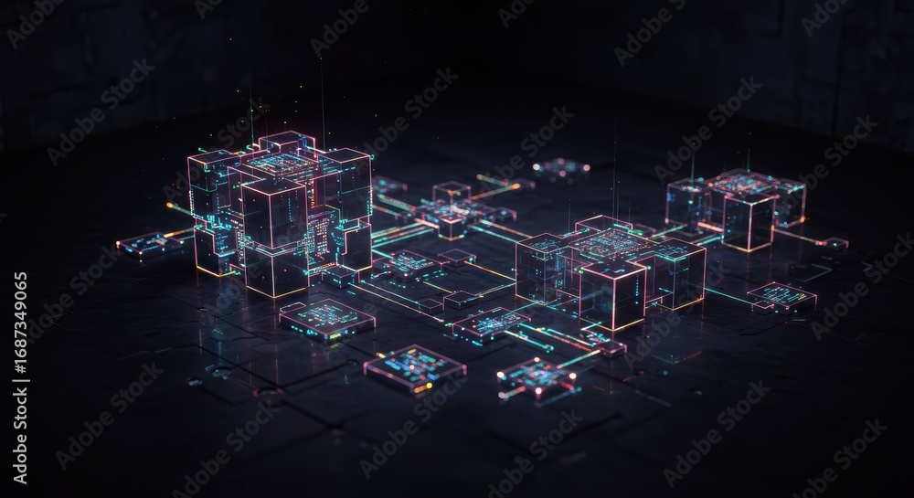 Poster an abstract network of glowing interconnected cubes and lines is shown on a dark surface, illustrati