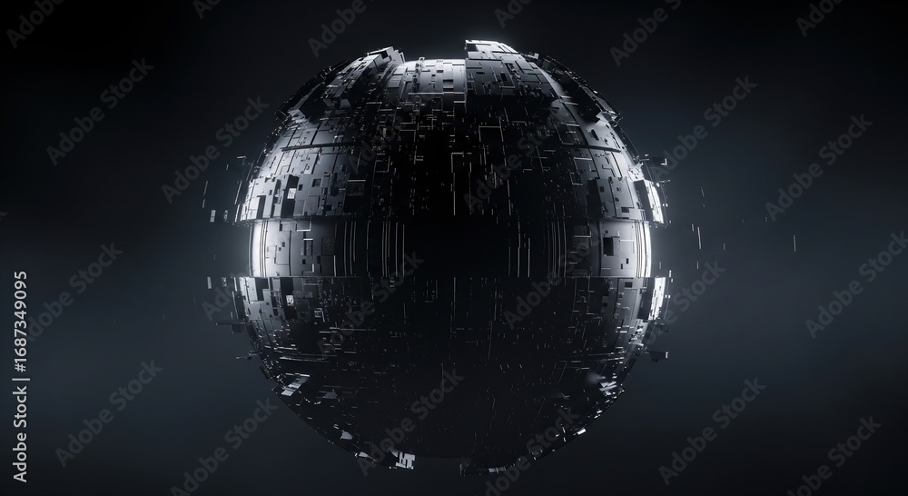 Aufkleber an abstract sphere composed of geometric fragments floats against a dark backdrop, suggesting techno
