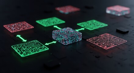 Abstract network connection with glowing circuit board nodes interlinked with arrows representing data flow and communication on a dark, tech background setting.