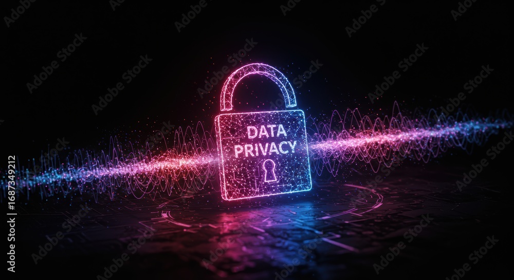 Poster digital padlock illuminated with neon colors displays 'data privacy' amid glowing sound waves agains