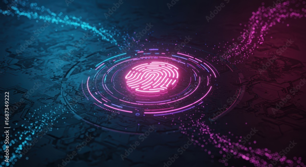 Aufkleber a glowing fingerprint scan with blue and pink futuristic data streams represents biometric identific