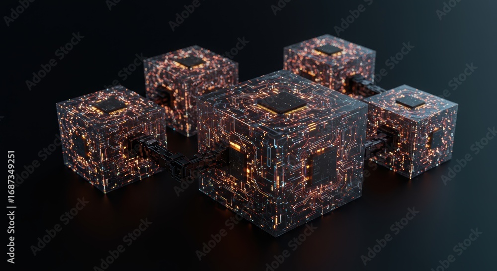 Aufkleber abstract glowing cubes connected by nodes suggest a futuristic tech network, illustrating interconne