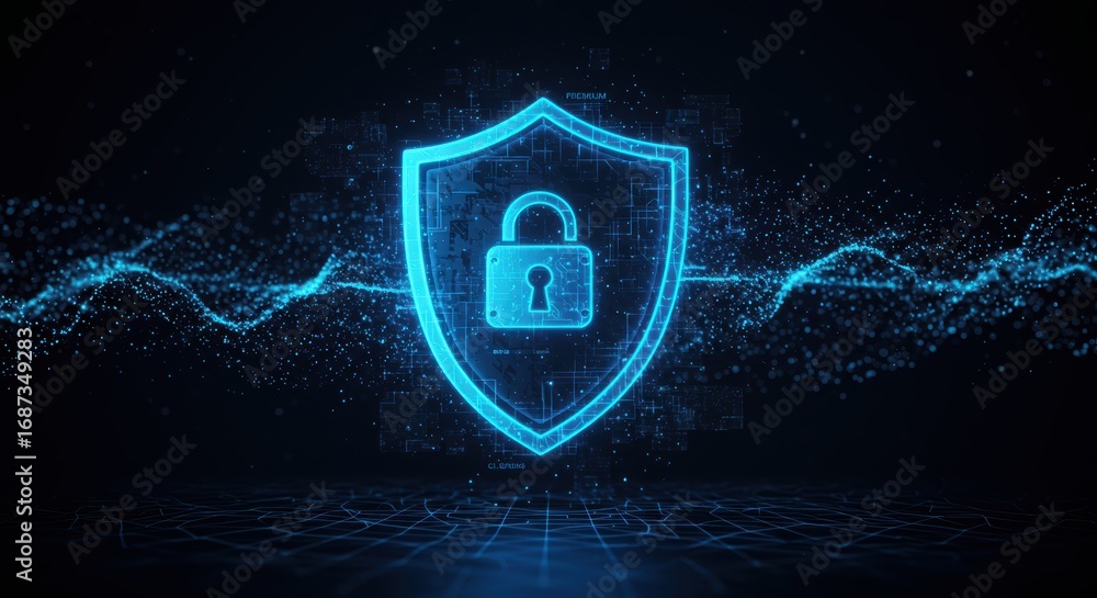 Aufkleber a glowing blue security shield with a padlock inside hovers protectively over a network represented 