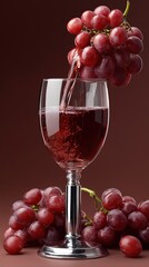 Red grapes and wine in glass with bunches on brown background
