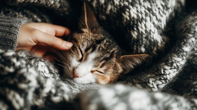 Close-up of a peacefully sleeping tabby cat led in a cozy blanket with a person gently stroking its head in a warm home setting