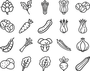 Monochrome Outline Illustration of Various Vegetables for Culinary and Healthy Eating Themes with Artichoke Asparagus and Carrot