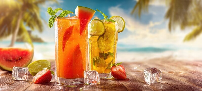 The vibrant cocktails refreshing summer vibes by the beach with fresh fruit.