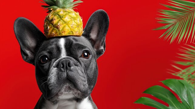 French bulldog with pineapple hat on red background with tropical leaves
