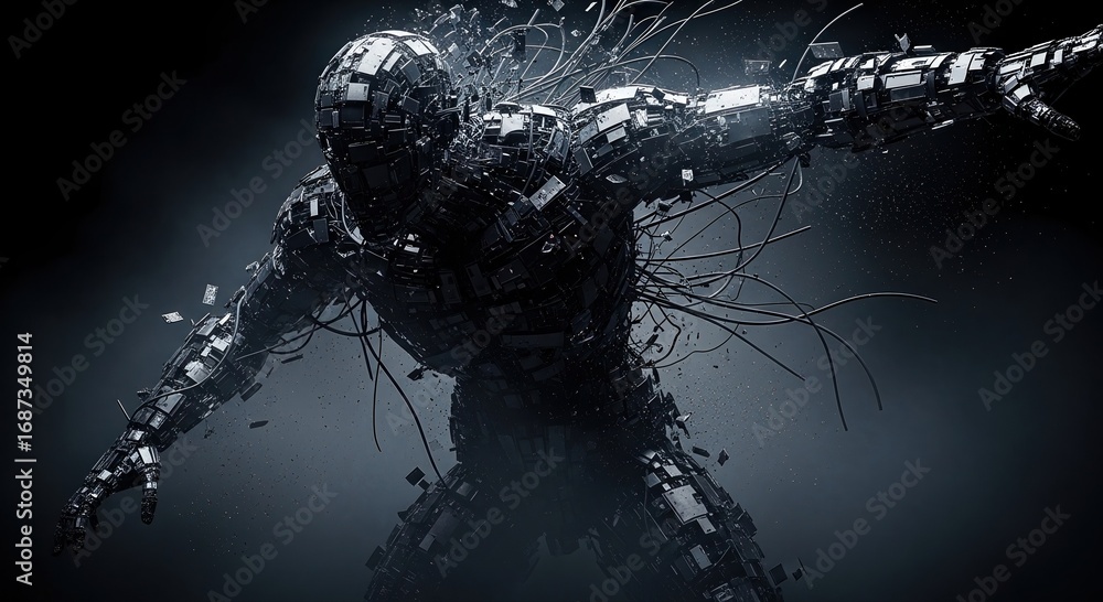 Aufkleber an abstract image of a humanoid figure made of interconnected digital elements with technological an