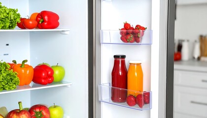 Open fridge, filled with fresh produce and juices