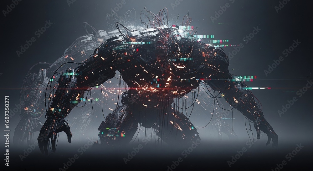 Poster futuristic cybernetic creature in a cinematic style with technology and wires incorporated into its 