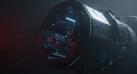 A detailed view of a futuristic spacecraft, showcasing complex machinery with internal lighting