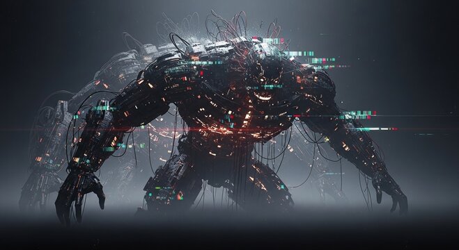 Futuristic cybernetic creature in a cinematic style with technology and wires incorporated into its form. The image showcases the intersection of technology and the human form.
