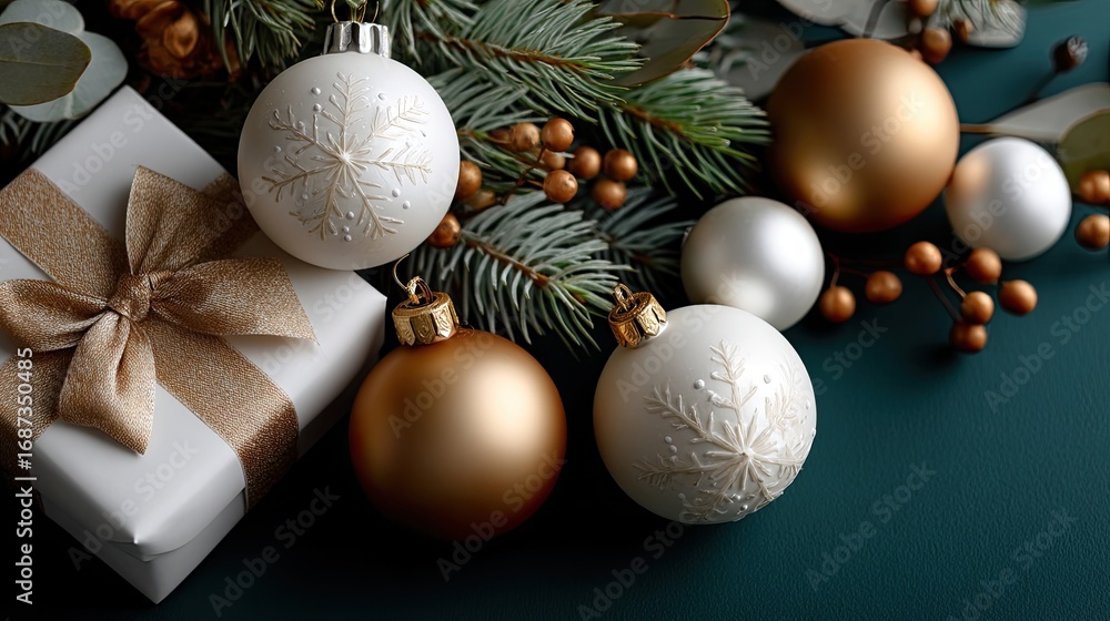 Poster decorated presents and ornaments arranged with green branches and pine cones create a joyful atmosph