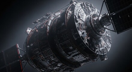 A detailed view of a spacecraft with solar panels and intricate machinery. A futuristic aesthetic of space exploration and technology.