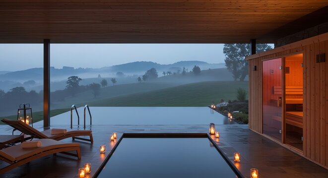 Relaxing spa retreat with infinity pool overlooking misty green hills at dusk
