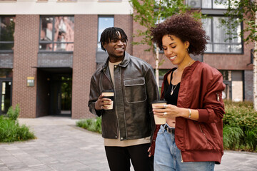 Stylish young couple enjoying a date in the city, sharing laughter and drinks