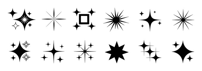 Collection of Black Starburst and Sparkle Icons on White Background