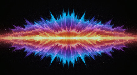 Vibrant abstract explosion of colorful light waves and energy radiating outwards from a central core against a dark background