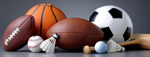 Collection of various sports balls and equipment displayed creatively on a grey surface, showcasing the diversity of athletic activities
