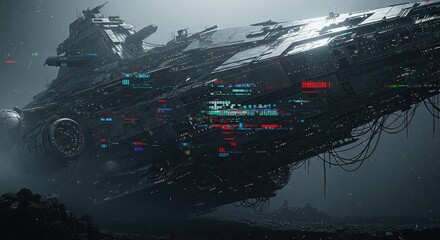 A colossal spaceship, with a detailed, high-tech design, sits majestically, the epitome of technological advancement and mystery. The ship's surface is intricate.