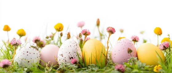 The vibrant Easter eggs surrounded by cheerful wildflowers in springtime grass.