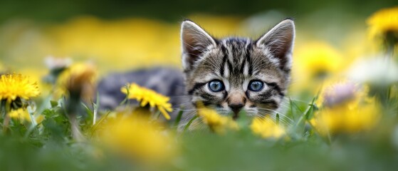 The adorable kitten peeking through vibrant dandelions in a sunny meadow.