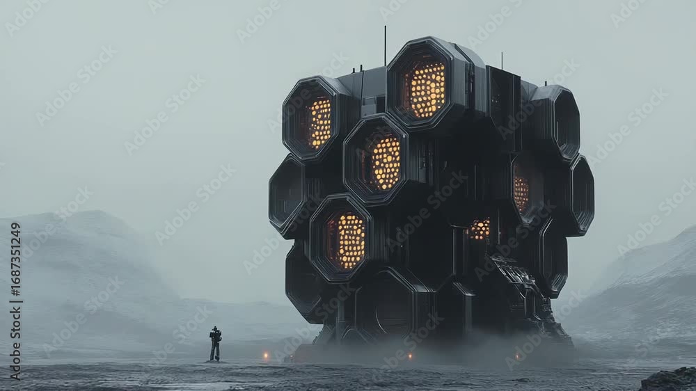 Poster astronaut exploring futuristic alien building on a foggy planet