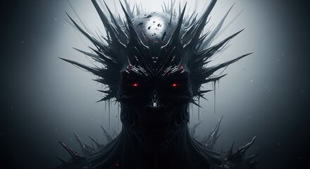 A haunting portrait of a monstrous figure with eerie red eyes and dark, spiky features, evoking a sense of dread and the unknown