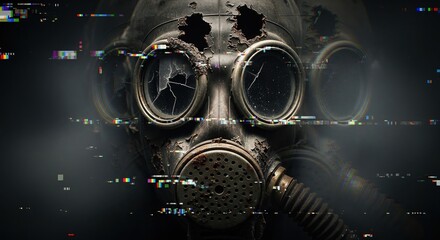 A close-up of a weathered gas mask, conveying a sense of dystopian dread and post-apocalyptic ambiance