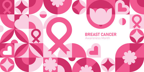 Breast Cancer Awareness Month geometric background with pink ribbon. Modern pink mosaic design for October awareness campaigns, cards, and healthcare promotions