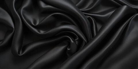 Fototapeta premium Close-up of Draped Black Satin Fabric. A close-up view of luxurious black satin fabric with dramatic folds and drapes. 