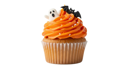 A halloween cupcake with orange frosting, a ghost, and a bat on a black background isolated