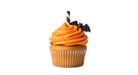 A halloween cupcake with orange frosting, a striped straw, and a bat decoration on a black background