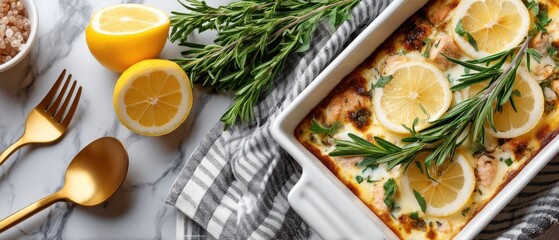 Savory fish fillets are baked to perfection with a creamy sauce, garnished with lemon slices and fresh herbs, ready to serve