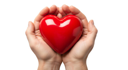 A pair of hands gently holding a bright red heart against a dark background in a loving gesture