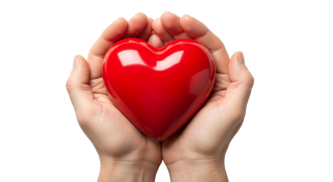 A pair of hands gently holding a bright red heart against a dark background in a loving gesture - Powered by Adobe