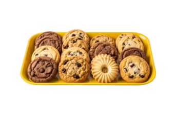 Assorted cookies displayed on a bright yellow tray against a black background.