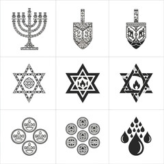 A conceptual collection of black and white icons representing the Jewish festival of Hanukkah, including traditional symbols and elements