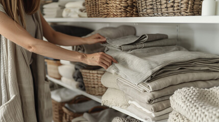 A woman neatly stacks soft folded blankets inside a wooden closet, demonstrating home organization and linen storage. This image conveys domestic harmony, preparation for colder seasons, and the cozy 