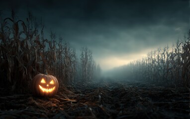 A pumpkin with a smiley face on it is sitting in a field of corn