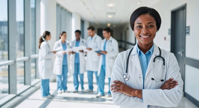 Confident Black female doctor with a stethoscope, smiling in a modern hospital corridor with her diverse medical team in the background. - Powered by Adobe