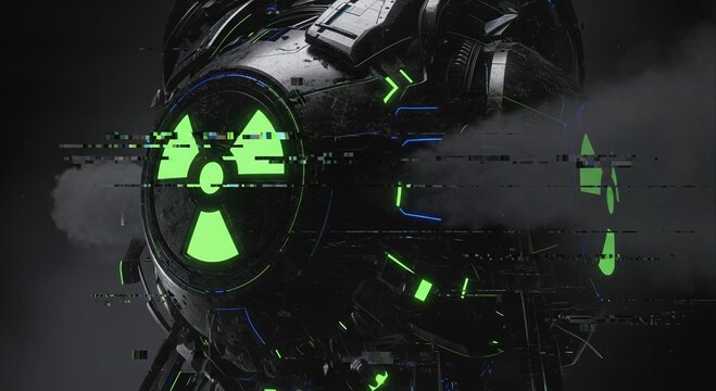 A cyborg with a futuristic design emitting smoke, featuring a glowing radioactive symbol. The image conveys a sense of advanced technology and potential danger.