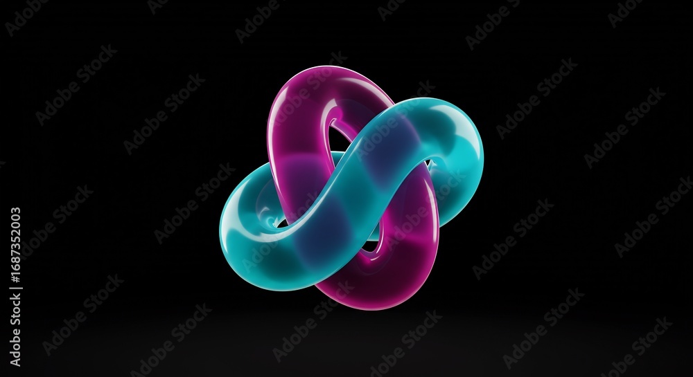 Poster a 3d render of a glossy, fluid abstract knot in vibrant magenta and cyan. this modern geometric shap