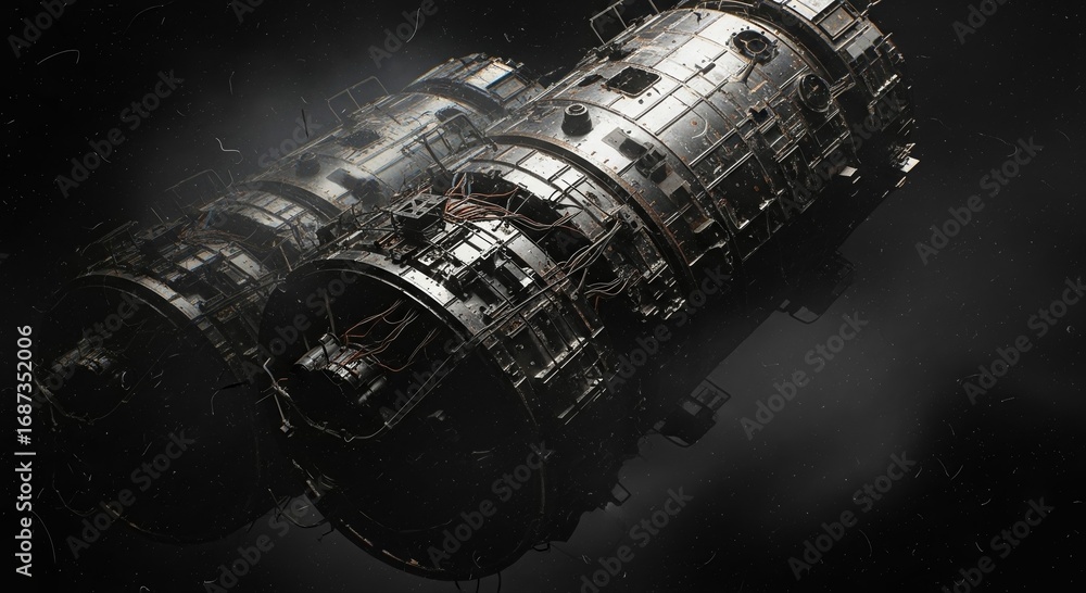 Poster close-up of a spaceship engine, showcasing intricate mechanical details and a futuristic design. the